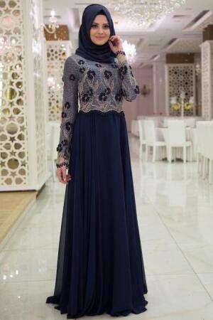 Evening Dress - Navy Blue Hijab Dress 7083L - 1