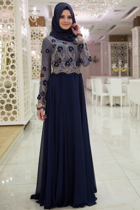 Evening Dress - Navy Blue Hijab Dress 7083L