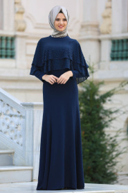 Evening Dress - Navy Blue Hijab Dress 7251L - Thumbnail