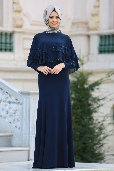 Evening Dress - Navy Blue Hijab Dress 7251L
