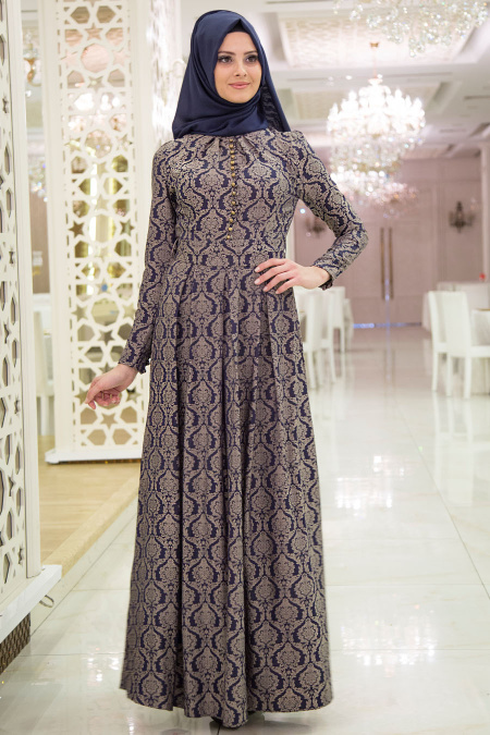 Evening Dress - Navy Blue Hijab Dress 7306L