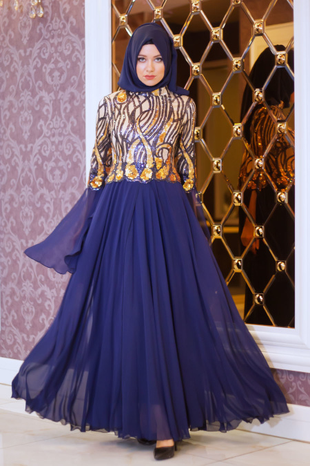 Evening Dress - Navy Blue Hijab Dress 7321L