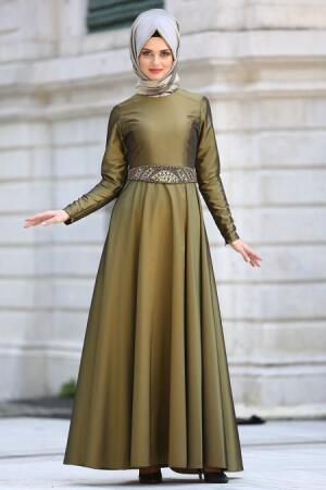 Evening Dress - Oil Green Hijab Dress 1788YY - 1