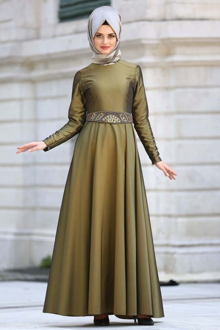 Evening Dress - Oil Green Hijab Dress 1788YY