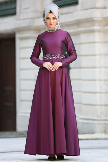 Evening Dress - PLum Color Hijab Dress 1788MU
