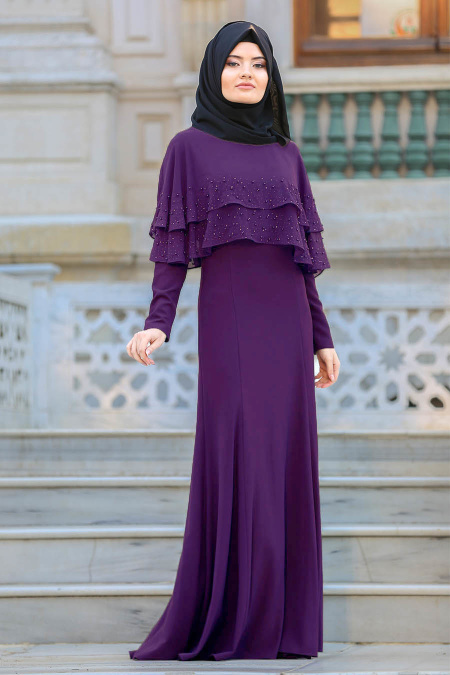 Evening Dress - Plum Color Hijab Dress 7251MU