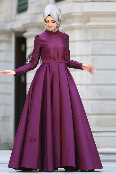 Evening Dress - Plum Color Hijab Dress 8158MU