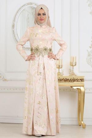 Evening Dress - Powder Pink Hijab Dress 7303PD - 1