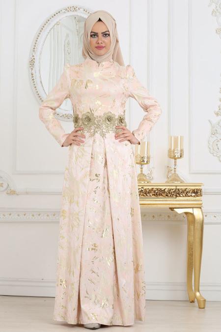 Evening Dress - Powder Pink Hijab Dress 7303PD - 1