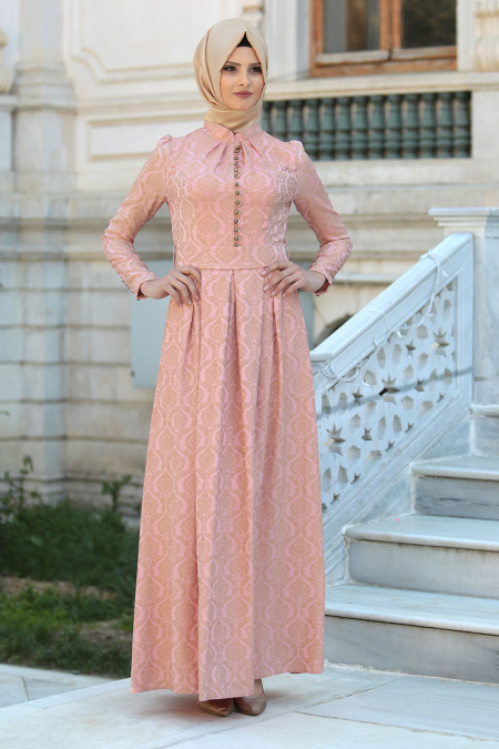 Evening Dress - Powder Pink Hijab Dress 7306PD