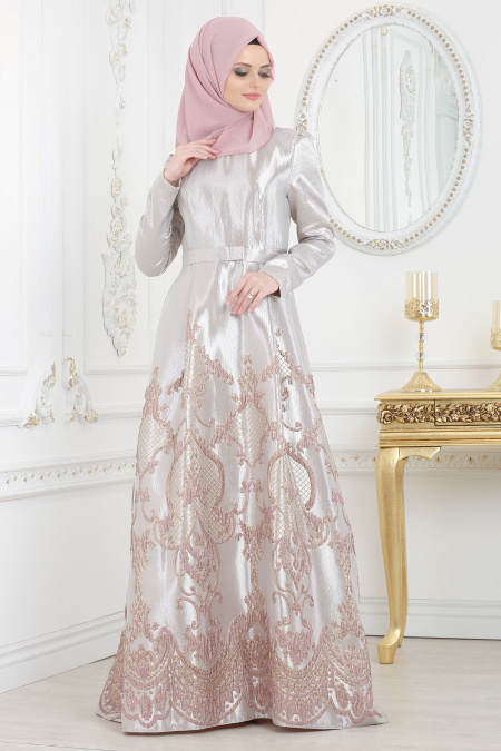 Evening Dress - Powder Pink Hijab Dress 8184PD