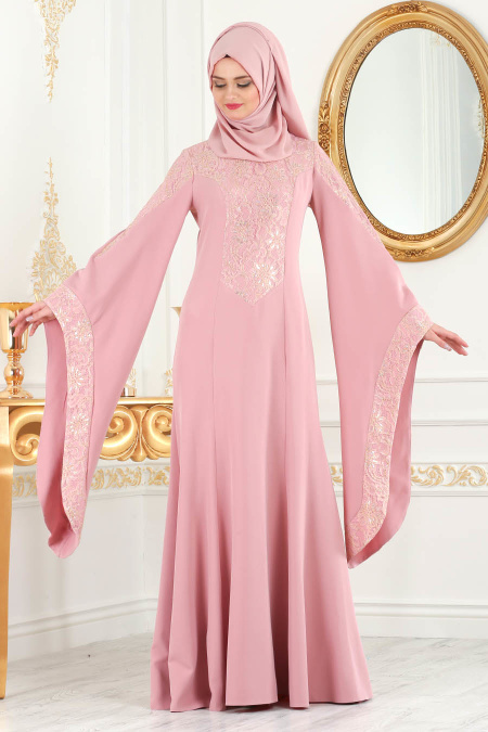Evening Dress - Powder Pink Hijab Evening Dress 4020PD