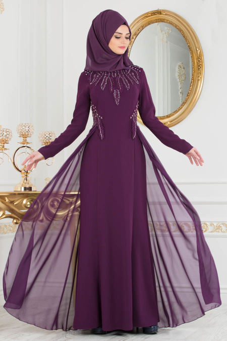 Evening Dress - Purple Hijab Dress 20331MOR
