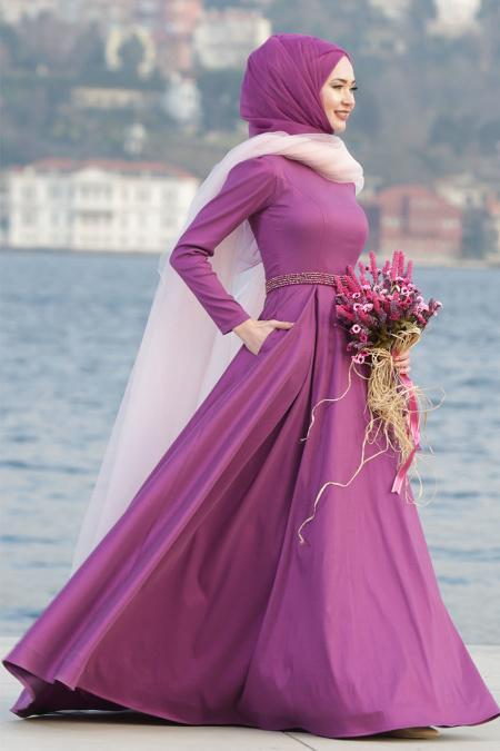 Evening Dress - Purple Hijab Dress 2251MOR - 2