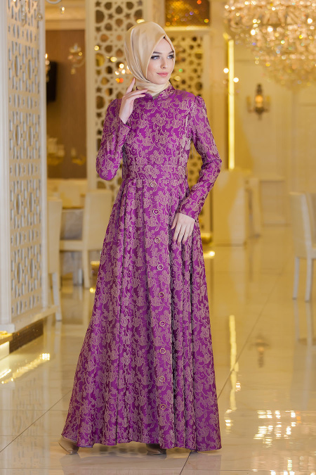 Evening Dress - Purple Hijab Dress 7292MOR