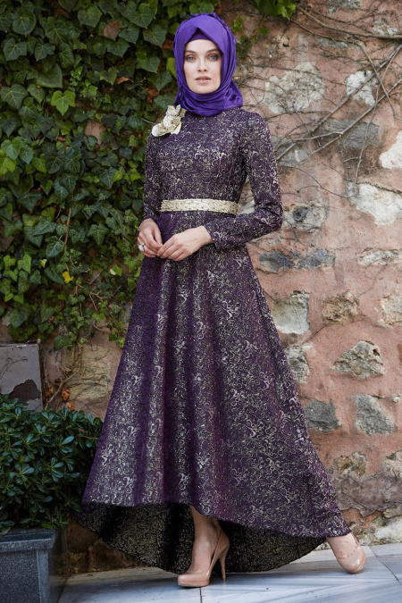 Evening Dress - Purple Hijab Dress 7361MOR