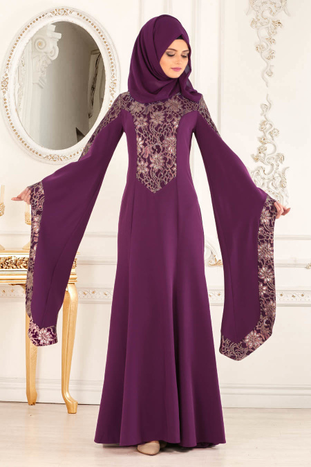 Evening Dress - Purple Hijab Evening Dress 4020MOR