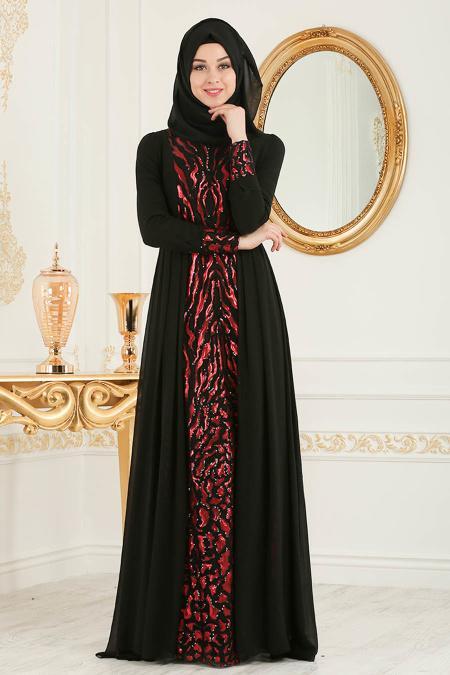 Evening Dress - Red Hijab Evening Dress 7564K - 2