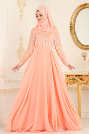 Evening Dress - Salmon Pink Evening Dress 36611SMN - Thumbnail