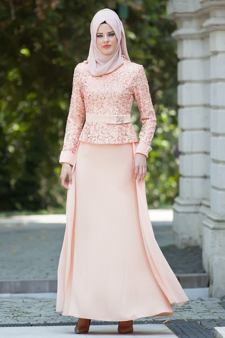 Evening Dress - Salmon Pink Hijab Dress 2201SMN