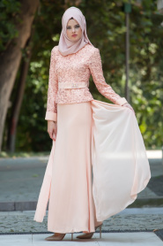 Evening Dress - Salmon Pink Hijab Dress 2201SMN - Thumbnail