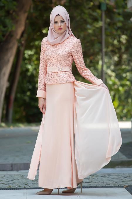 Evening Dress - Salmon Pink Hijab Dress 2201SMN - 2
