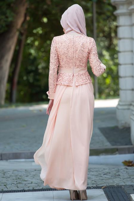 Evening Dress - Salmon Pink Hijab Dress 2201SMN - 3