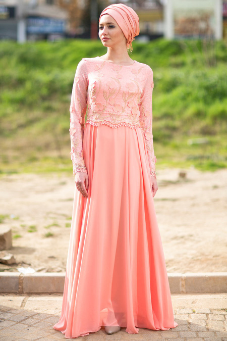 Evening Dress - Salmon Pink Hijab Dress 7083SMN