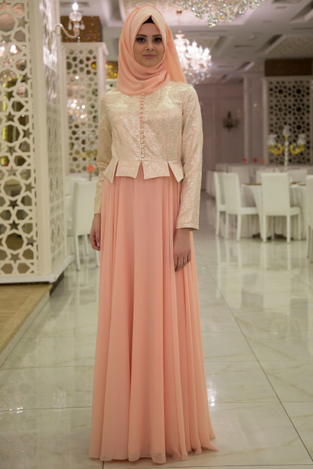 Evening Dress - Salmon Pink Hijab Dress 7128SMN