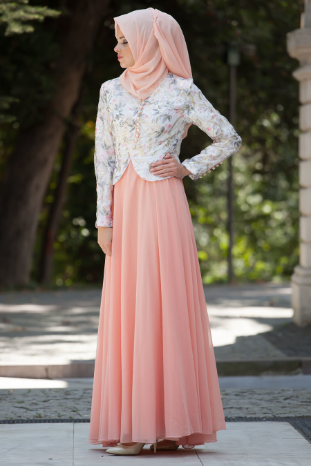 Evening Dress - Salmon Pink Hijab Dress 7209SMN