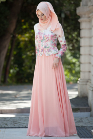 Evening Dress - Salmon Pink Hijab Dress 7272SMN - Thumbnail