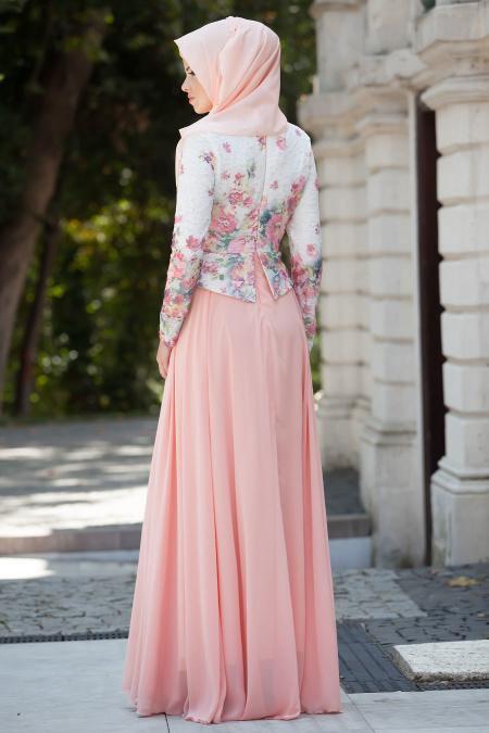 Evening Dress - Salmon Pink Hijab Dress 7272SMN - 3