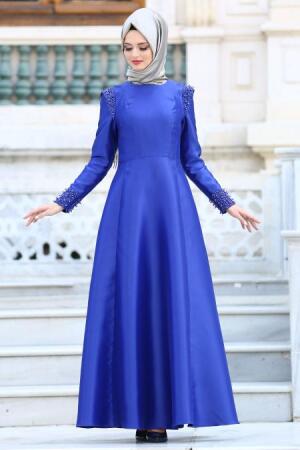 Evening Dress - Sax Blue Hijab Dress 1780SX - 1