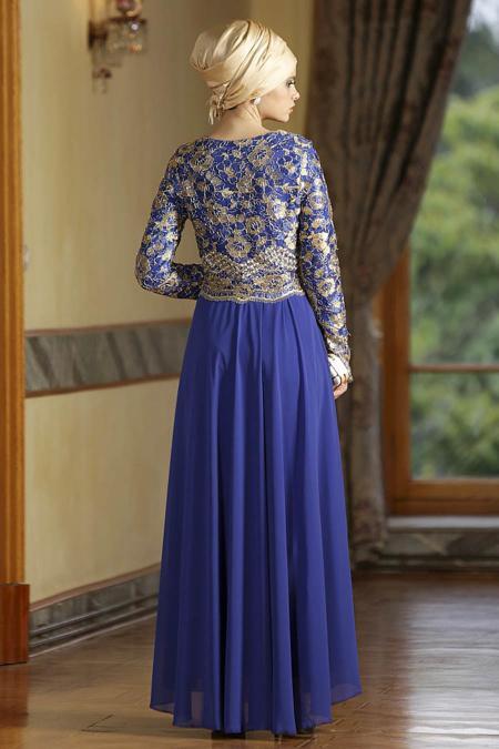 Evening Dress - Sax Blue Hijab Dress 7074SX - 3