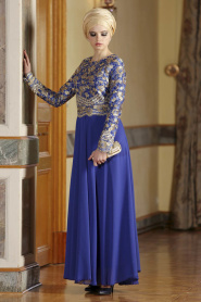 Evening Dress - Sax Blue Hijab Dress 7074SX - Thumbnail