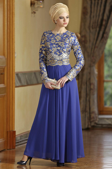 Evening Dress - Sax Blue Hijab Dress 7074SX