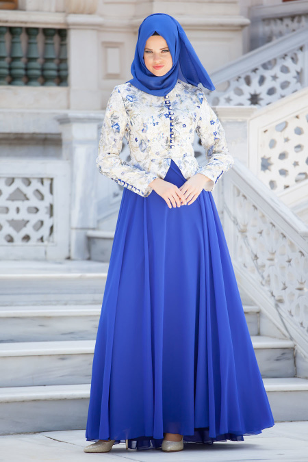 Evening Dress - Sax Blue Hijab Dress 7209SX