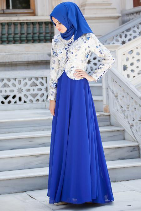 Evening Dress - Sax Blue Hijab Dress 7209SX - 2