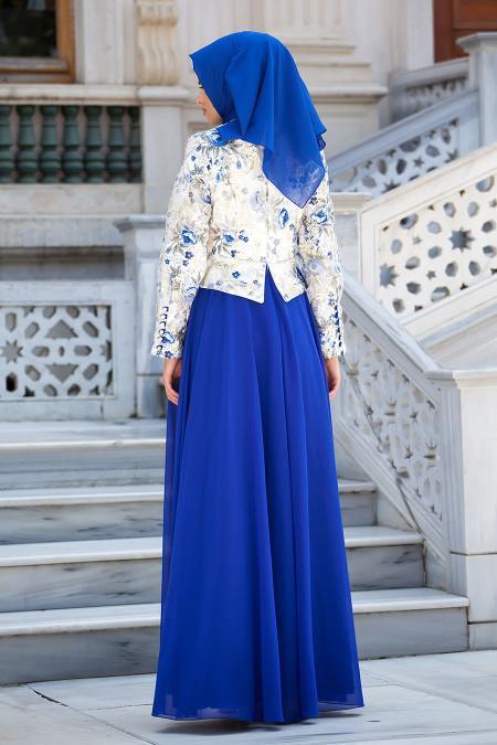 Evening Dress - Sax Blue Hijab Dress 7209SX - 3