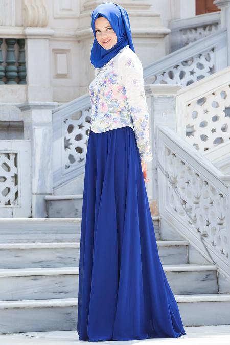 Evening Dress - Sax Blue Hijab Dress 7272SX - 2