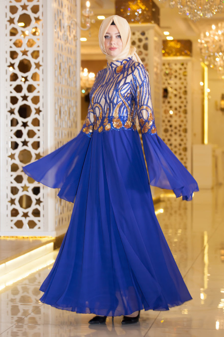 Evening Dress - Sax Blue Hijab Dress 7321SX