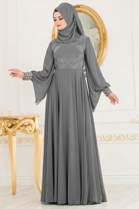Evening Dress - Smoke Color Hijab Evening Dress 8088FU