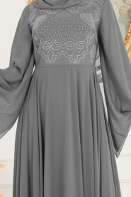 Evening Dress - Smoke Color Hijab Evening Dress 8088FU - Thumbnail