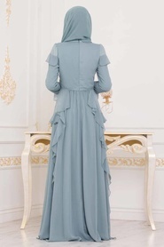 Evening Dress - Turquoise Hijab Evening Dress 3854TR - Thumbnail