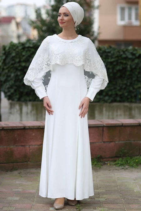Evening Dress - White Hijab Dress 7024B