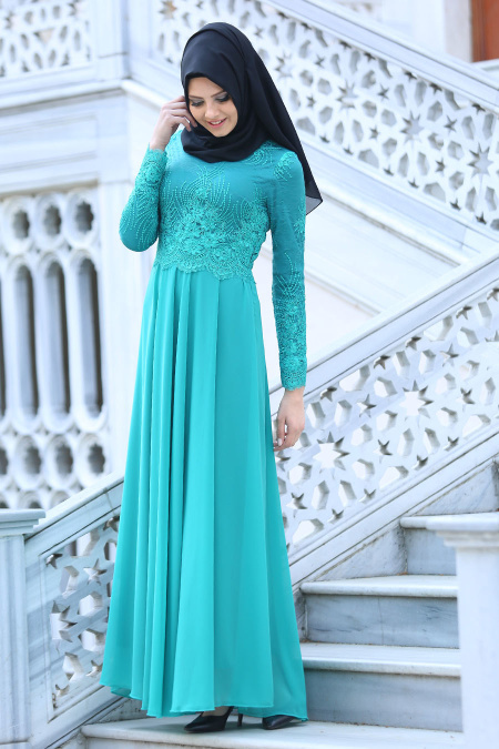 Evening Dresses - Almond Green Hijab Dress 76460CY