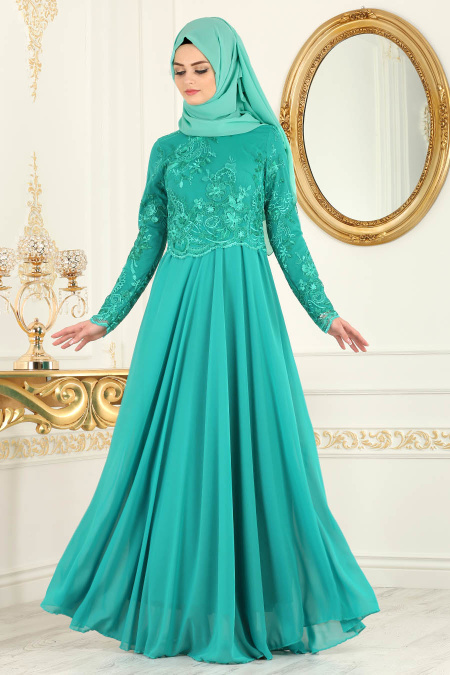 Evening Dresses - Almond Green Hijab Dress 76462CY