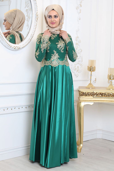 Evening Dresses - Almond Green Hijab Evening Dress 7363CY