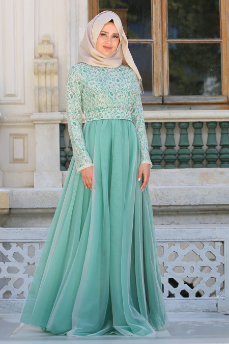 Evening Dresses - Almond Green Hijab Evening Dress 7545CY