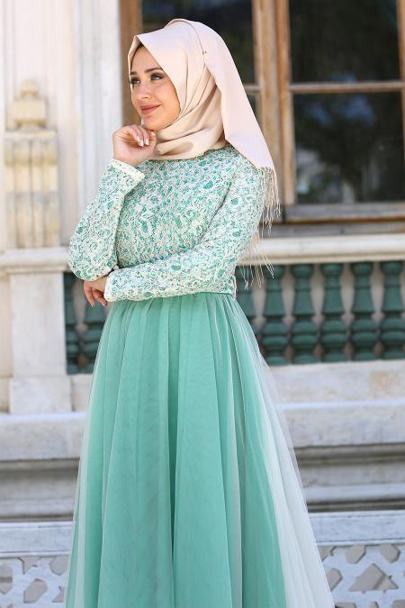 Evening Dresses - Almond Green Hijab Evening Dress 7545CY - 2
